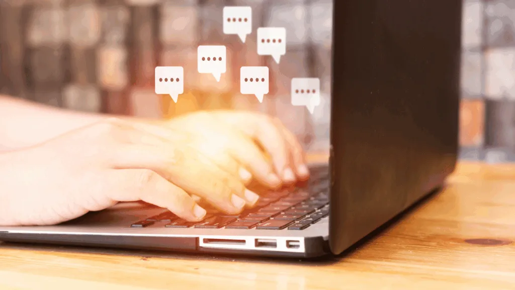 Graphic depicting a customer support agent answering live chat inquiries