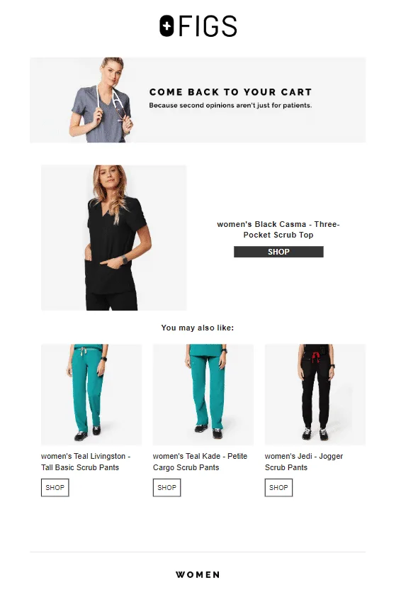 Abandoned cart email from Figs