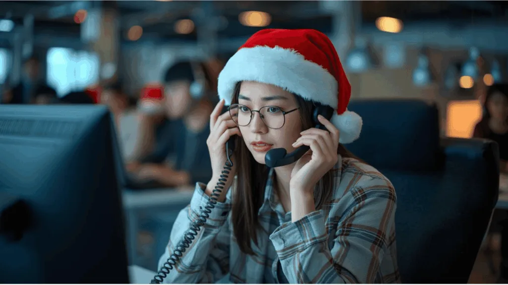 Customer support agent on the phone wearing a santa hat